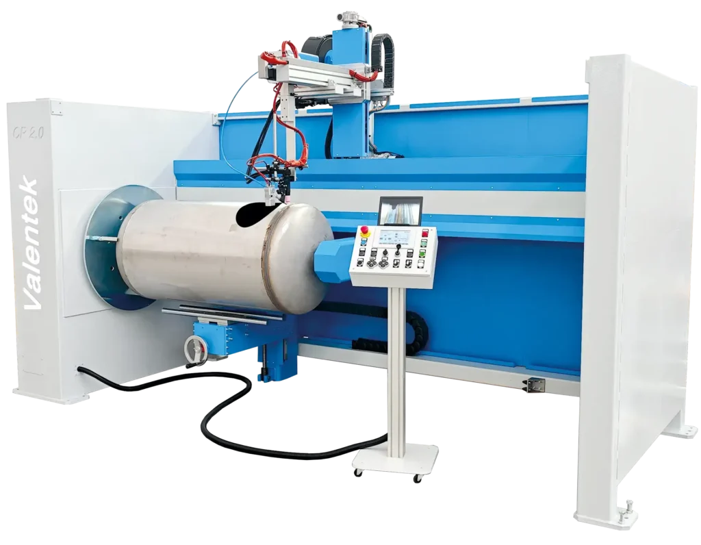 Industrial CNC lathe with blue and white frame and a large cylindrical workpiece held by a robotic arm, control panel in front